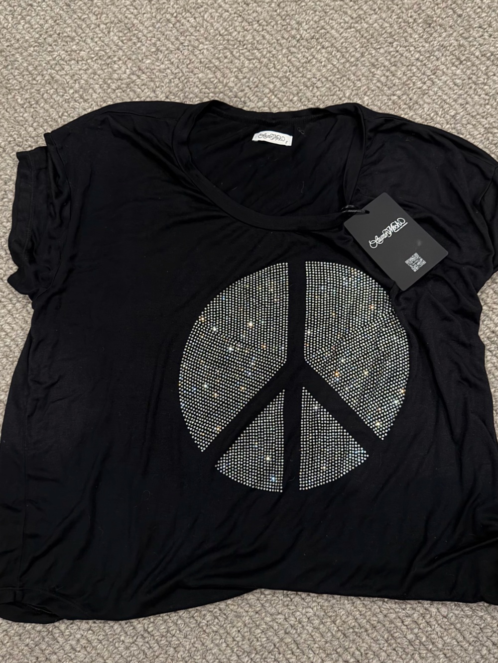 Lauren Moshi Black Short Sleeve Tee with Rhinestone Peace Sign